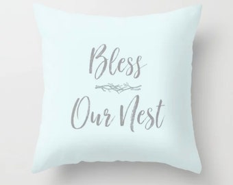 Bless Our Nest Decorative Pillow, Blue Accent Throw Pillow, Housewarming Gift, Cottage Home Decor, Farmhouse Pillow, Definition Quote Pillow