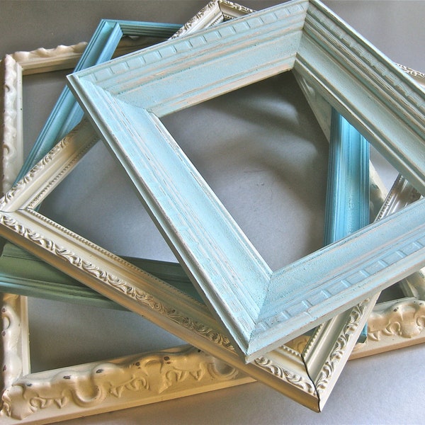 RESERVED for Lindsay-Rustic Beach Frames, Vintage Frames, Aqua, Cream, Shabby and Chic, Cottage Chic, Wood Frames, Wall Decor