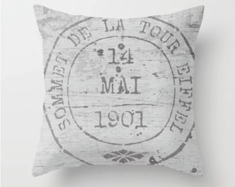 Paris France Decorative Pillow, Eiffel Tower Accent Pillow, Rustic Chic Cottage Farmhouse Pillow, Square Gray Shabby Chic Throw Pillow