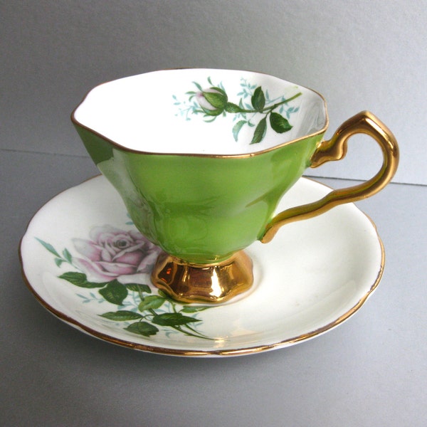 Vintage English Cup & Saucer, Collectible Decor, Green, Pink Rose, Shabby and Chic, Cottage Chic