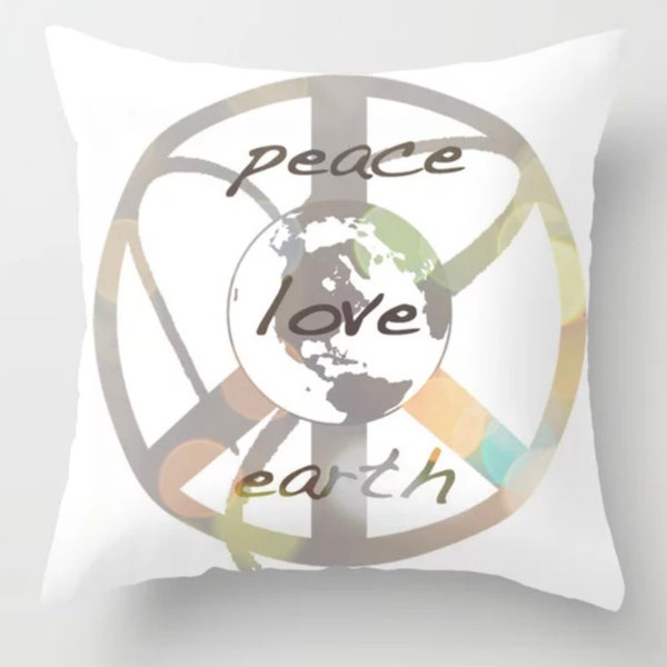 Peace Love Earth Accent Pillow, Square Throw Pillow, Peace Pillow, Peace Symbol, Heart Peace Sign, White Pillow, Global Gift, World Love