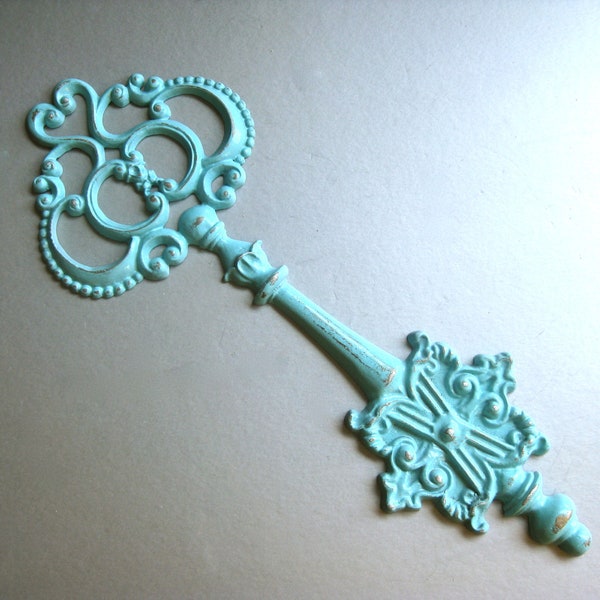 Large Metal Key, Aqua Key Decor, Shabby and Chic, Cottage Chic, Rustic, Blue, Wall Decor, Beach Decor, Fancy Key