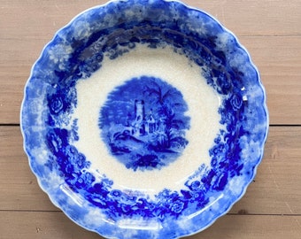 Antique Flow Blue Bowl, Victorian Bowl, Porcelain Bowl, English Porcelian, Castle Bowl, Vintage Bowl, Large Serving Bowl
