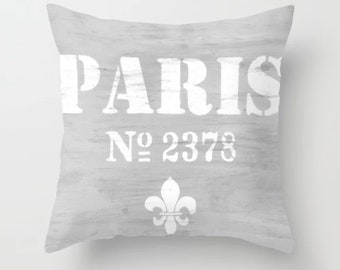 Decorative Paris Decor Pillow, French Farmhouse Pillow, Shabby Chic Square Throw Pillow, French Cottage Gray Accent Pillow, Paris Pillow