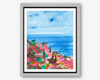 Colorful Tropical Art, Watercolor Seascape Blue Water Art Print, Italian Countryside Landscape, Giclee Print, Tropical Watercolor Painting