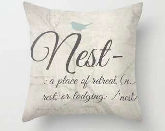 Nest Accent Pillow, Decorative Throw Pillow, Beige Square Bed Pillow, Cottage Home Farmhouse Pillow, Definition Quote, Bird Decor Pillow