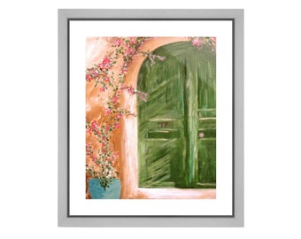 Green Door Art Print, French Country Art, Farmhouse Art, Cottage Painting, Green Door Wall Art, Giclee Print, Acrylic Painting-"Green Door"