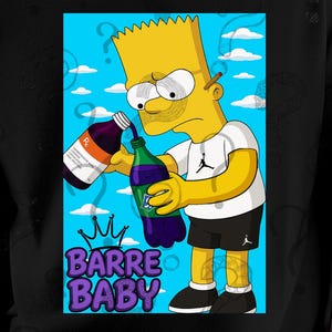 May include: Black t-shirt featuring a cartoon image of Bart Simpson pouring liquid from two bottles. The image has a blue background with question marks and clouds. The text "BARRE BABY" is below the image.