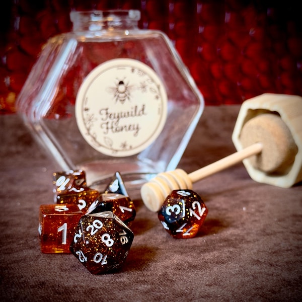 Feywild Honey Dice Set: 7-Piece DND Dice with Bottle