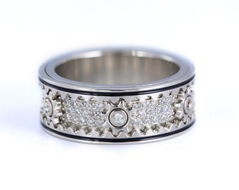 Sterling Silver Moissanite Fidget Ring: 14K White Gold Cogwheel Spinner