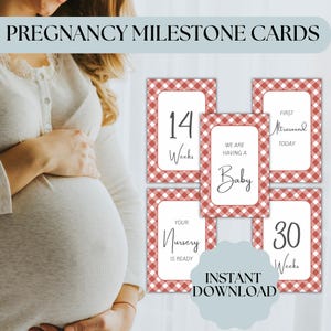 Cartes d'étapes de grossesse vichy rouille | Téléchargement instantané | Suivi de grossesse hebdomadaire | Cartes de relief imprimables pour bébé | 2 par page A4