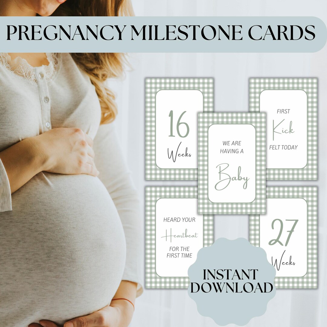 Sage Green Gingham Pregnancy Milestone Cards | Instant Download | Baby ...