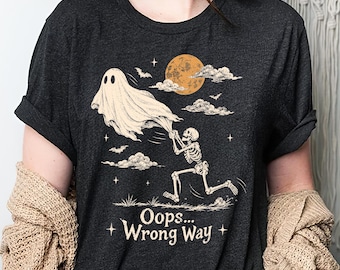 Oops Wrong Way Shirt Funny Skeleton Ghost Halloween Vintage Graphic Tee