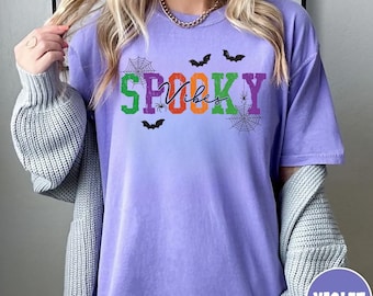 Women's Spooky Vibes Halloween T-Shirt, Bat and Spider Graphic