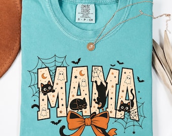 Comfort Colors Halloween Mama Shirt Black Cat Ghost Bow Spooky Season Tee
