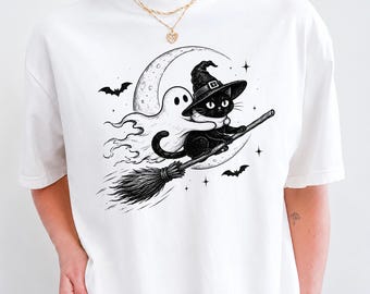 Black Cat Halloween Shirt Ghost Witch Broom Spooky Season Graphic Tee
