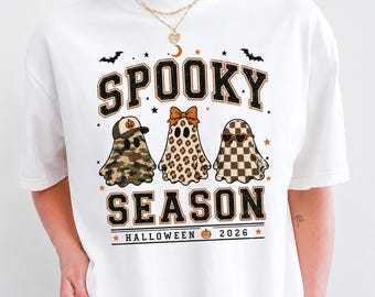 Spooky Season Halloween Shirt Ghost Leopard Camo Checkered Fall Graphic Tee
