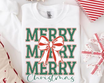 Merry Merry Merry Christmas Sweatshirt, Bow Christmas Sweater, Holiday Gift Shirt