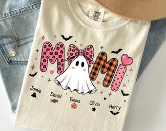 Comfort Colors Custom Mimi Halloween Shirt Personalized Grandkids Names Ghost Grandma Gift