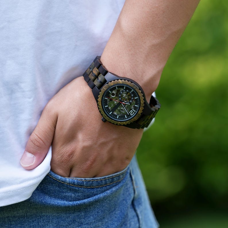 Engraved Maple Wood Mechanical Watch: Skeleton Dial, Stainless Steel image 5