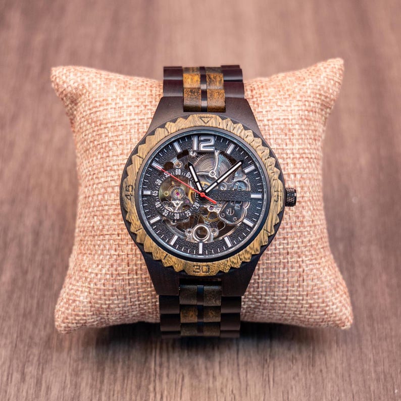 Engraved Maple Wood Mechanical Watch: Skeleton Dial, Stainless Steel image 8