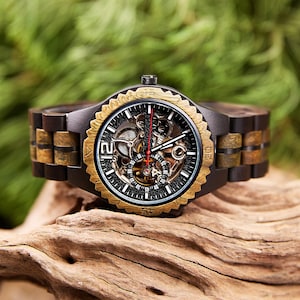 Engraved Maple Wood Mechanical Watch: Skeleton Dial, Stainless Steel With Eco-Wood Box