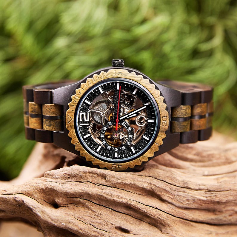 Engraved Maple Wood Mechanical Watch: Skeleton Dial, Stainless Steel With Eco-Wood Box