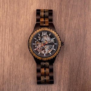 Engraved Maple Wood Mechanical Watch: Skeleton Dial, Stainless Steel image 6