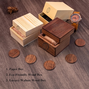 May include: Three different types of boxes for a wooden watch. The first box is made of paper, the second is made of wood, and the third is made of walnut wood. The boxes are labeled with numbers 1, 2, and 3.