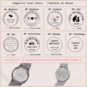 K&ouml;nnte beinhalten: Das Bild zeigt anpassbare gravierte Uhrendesigns und runde Stempel mit Texten wie "Boyfriend", "Husband" und "Son". Jeder Stempel enth&auml;lt Platz f&uuml;r Namen und Daten. Unten ist eine Uhr zu sehen.
