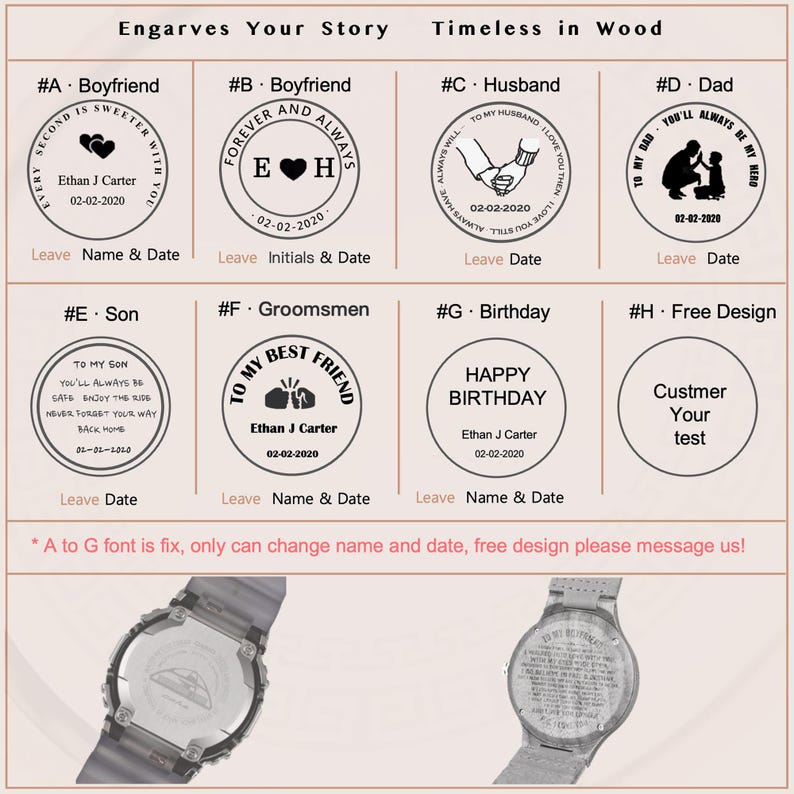 K&ouml;nnte beinhalten: Das Bild zeigt anpassbare gravierte Uhrendesigns und runde Stempel mit Texten wie "Boyfriend", "Husband" und "Son". Jeder Stempel enth&auml;lt Platz f&uuml;r Namen und Daten. Unten ist eine Uhr zu sehen.