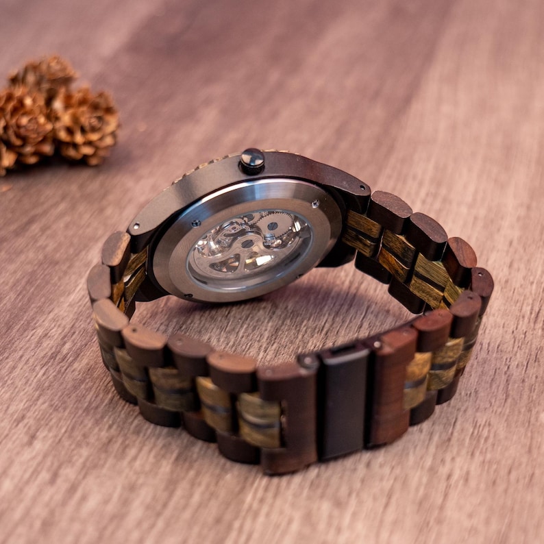 Engraved Maple Wood Mechanical Watch: Skeleton Dial, Stainless Steel image 7