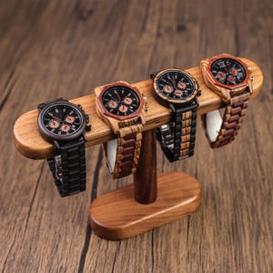 Personalized Name Watch Display Stand for 4 watches Natural Walnut Wood Jewelry Holder | Wrist Watch Storage | Timepiece Display