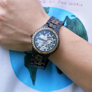 Engraved Maple Wood Mechanical Watch: Skeleton Dial, Stainless Steel image 4