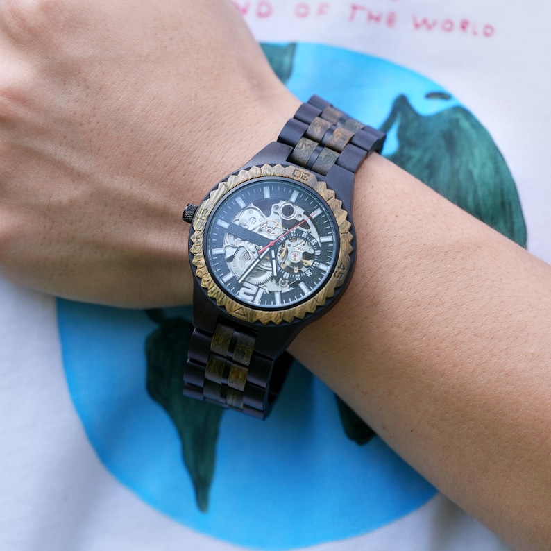Engraved Maple Wood Mechanical Watch: Skeleton Dial, Stainless Steel image 4