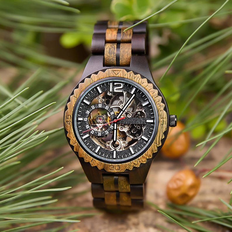 Engraved Maple Wood Mechanical Watch: Skeleton Dial, Stainless Steel With Paper Box
