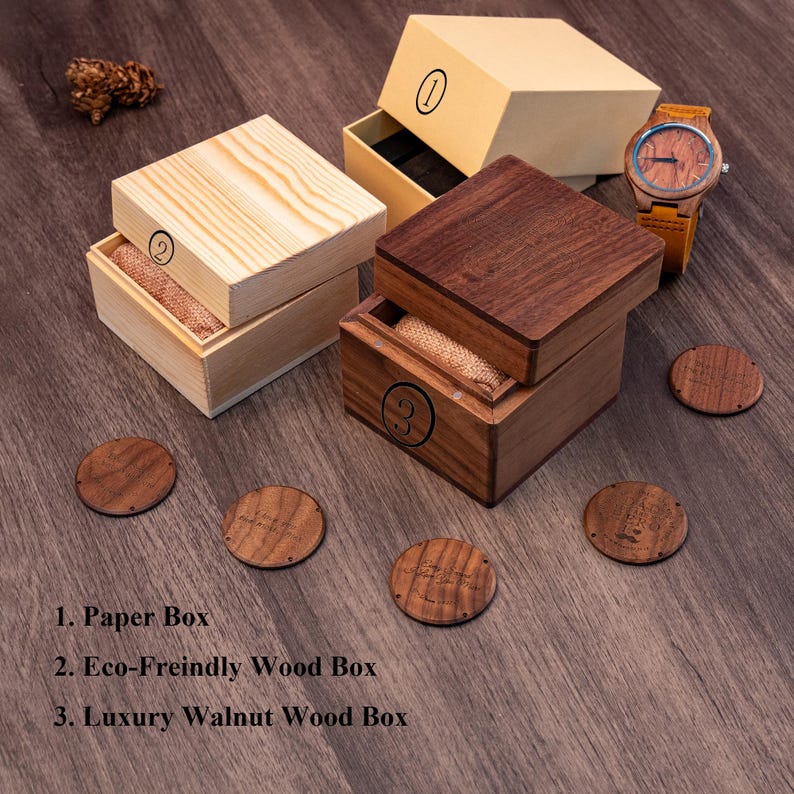 K&ouml;nnte beinhalten: Holzuhr mit hellbraunem Lederarmband, pr&auml;sentiert mit drei verschiedenen Holzboxen und Untersetzern. Die Boxen sind mit 1, 2 und 3 beschriftet. Der Text auf dem Bild lautet: 1. Papierbox, 2. Umweltfreundliche Holzbox, 3. Luxus-Walnussholzbox.