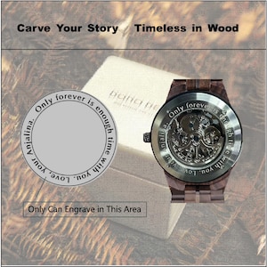 Engraved Maple Wood Mechanical Watch: Skeleton Dial, Stainless Steel image 10