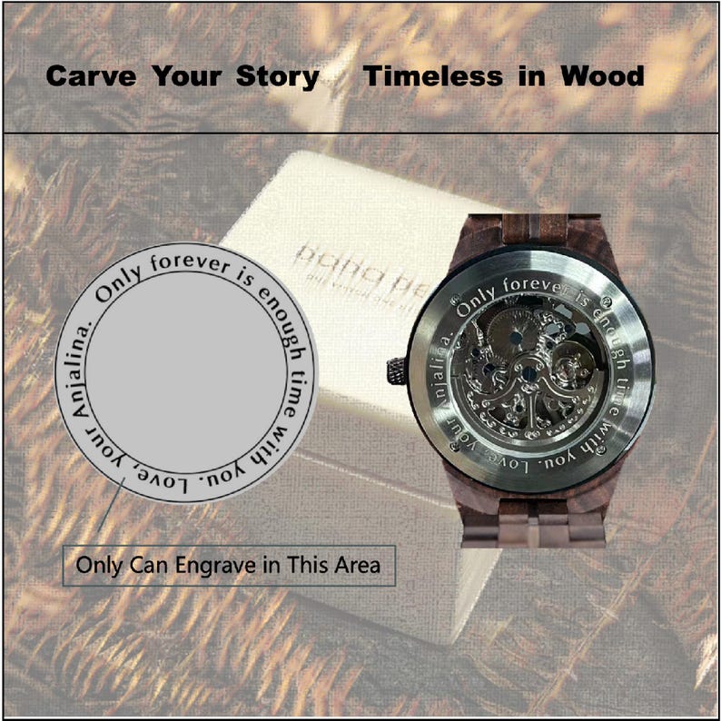 Engraved Maple Wood Mechanical Watch: Skeleton Dial, Stainless Steel image 10