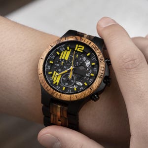 Wood Watches for Men Analog Quartz Dual Time Handmade Lightweight Wooden Wristwatch Day-Date Display Mild Water Resistant