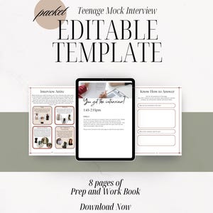 May include: A digital tablet displaying a mock interview prep workbook with the title "You got the interview!" and the time "1:45-2:15pm". The workbook includes sections on interview attire, knowing how to answer common interview questions, and a section for the interviewee to write notes. The tablet is on a light brown surface.