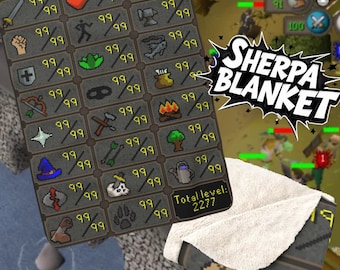 Runescape OSRS Maxed Sherpa Fleece Blanket - Gamer Gift, Video Game Blanket, Game Room Decor, Cozy Throw, Hardcore Ironman,
