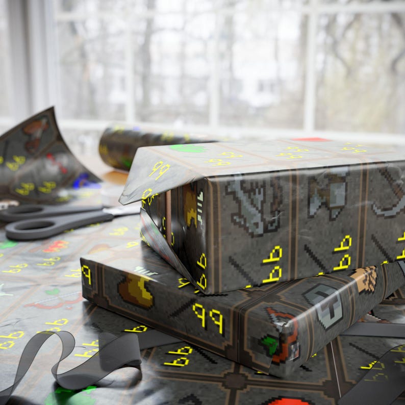 RuneScape Geschenkpapier mit Maxed-Stats, Geschenkpapier für Gamer, Urlaubsverpackung, Geburtstagsgeschenk, Geek Bild 4