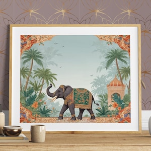 Mughal Elephant Wall Art | Traditional Garden Indian Folk Art Rajasthani Miniature Painting | Digital Printable Vector| Wallpaper Decoration
