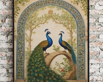 Mughal Peacock Palace Art Print: Vintage Indian Decor (Digital Download)