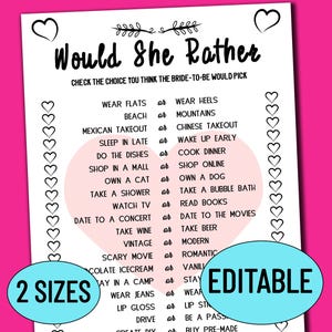 Serait-elle Plutôt Bridal Shower Jeu | MODIFIABLE Qui connaît la mariée Meilleurs jeux imprimables de fête de mariée, carte Serait-elle plutôt, épouserait-elle plutôt