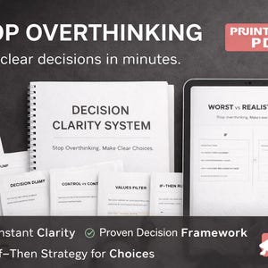 May include: A digital download product with the title "STOP OVERTHINKING" and the tagline "Make clear decisions in minutes." The image includes a spiral-bound notebook, index cards, and a tablet displaying a decision-making framework.