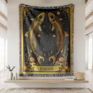 Pisces Zodiac Skeleton Tarot Card Artistic Woven Blanket, Cozy Astrology Throw Blanket Horoscope Blanket, Unique Halloween Gift, Home Decor,