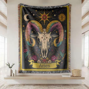 Aries Cosmic Zodiac Skeleton Tarot Card Woven Blanket - Celestial Home Decor for Astrology Lovers, Magical Wall Tapestry, Horoscope Gift