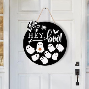 Ghost Door Hanger, Halloween Door Sign Decorations, Hey Boo Ghost Welcome Sign, Fall Front Door Decor, Door Hanger, Fall Halloween Sign